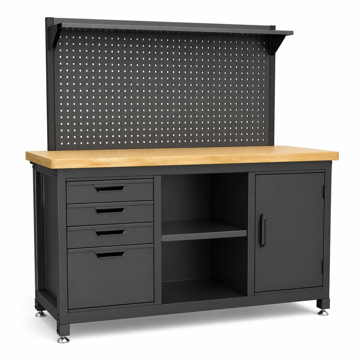 Werkbank mit stahlschrank und kiefernholzplatte schwarz 120x60x150 cm-COZYOLUME