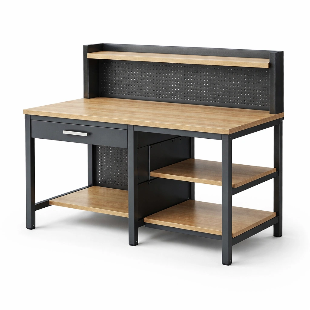 Werkbank Holzoptik Schwarz mit Regal und Schublade-COZYOLUME