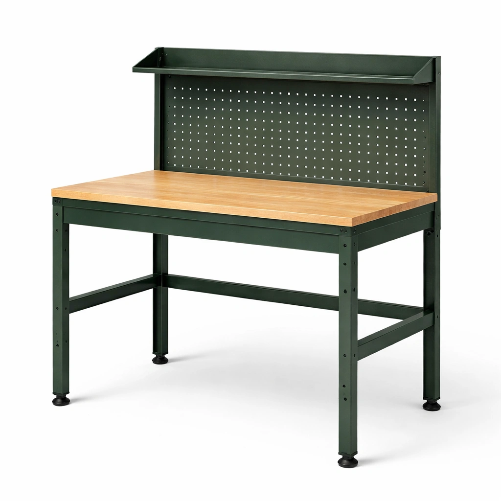 Metall-Arbeitsbank mit Holzplatte Grün 120x60x150cm-COZYOLUME