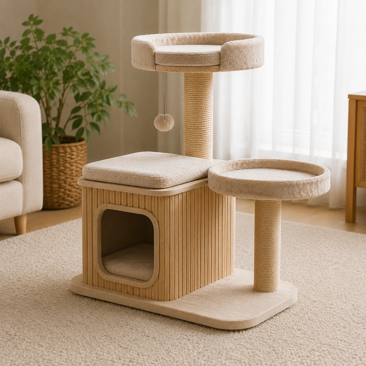 Katzenbaum mit Kratzstamm und Kuschelhoehle