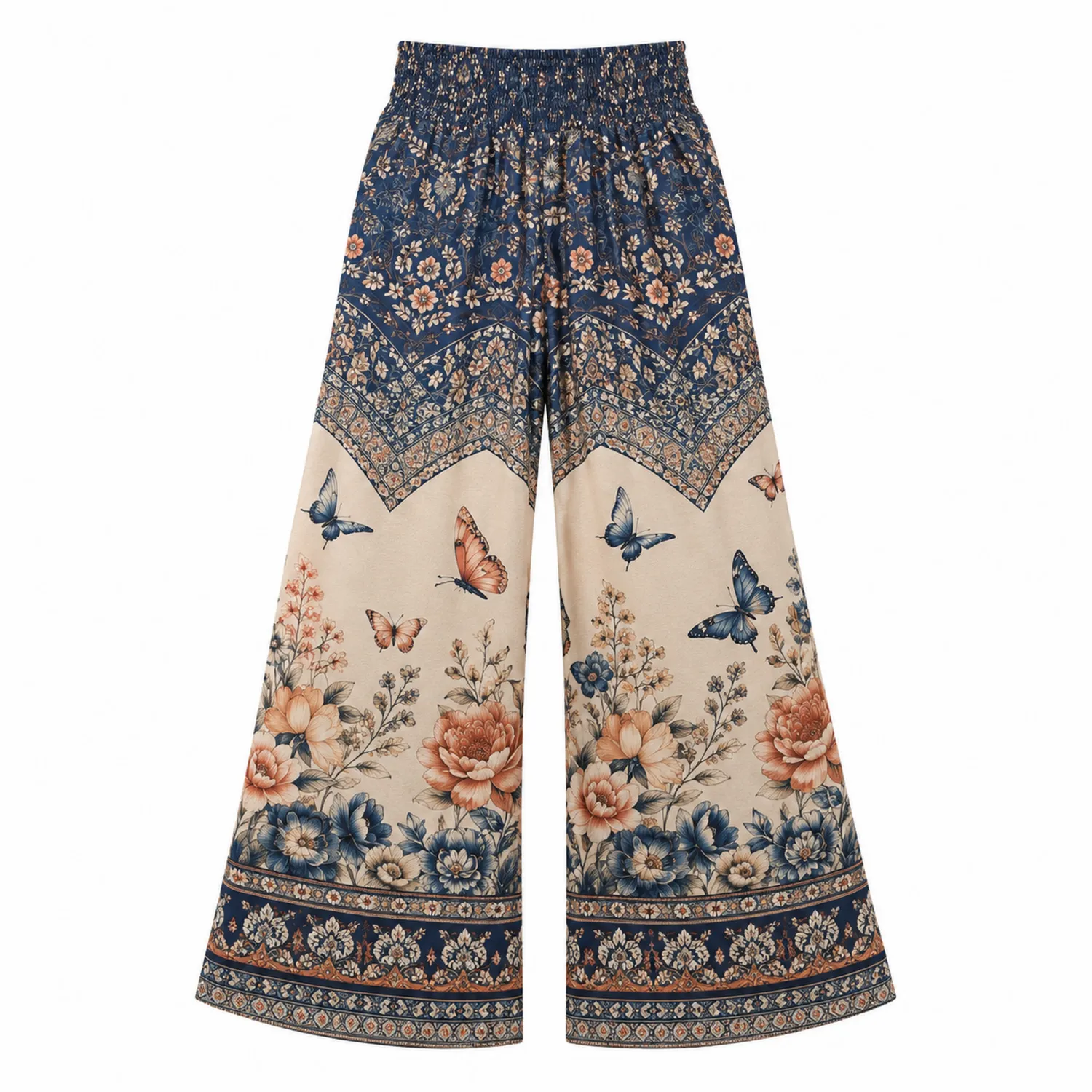 Damen Schlaghose mit Blumen- und Schmetterlingsmotiv Beige/Blau
