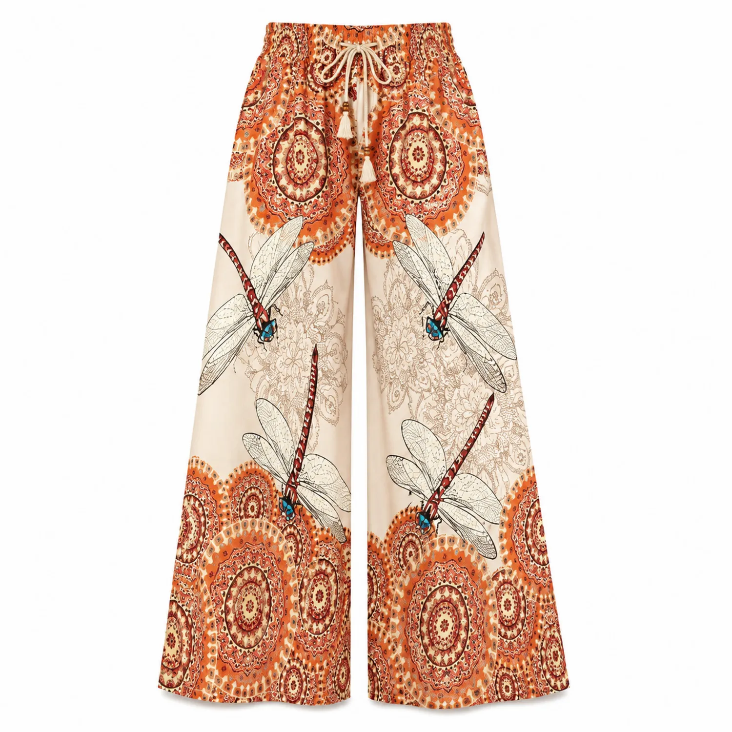 Weite Damenhose mit Libellenmuster in Orange und Creme