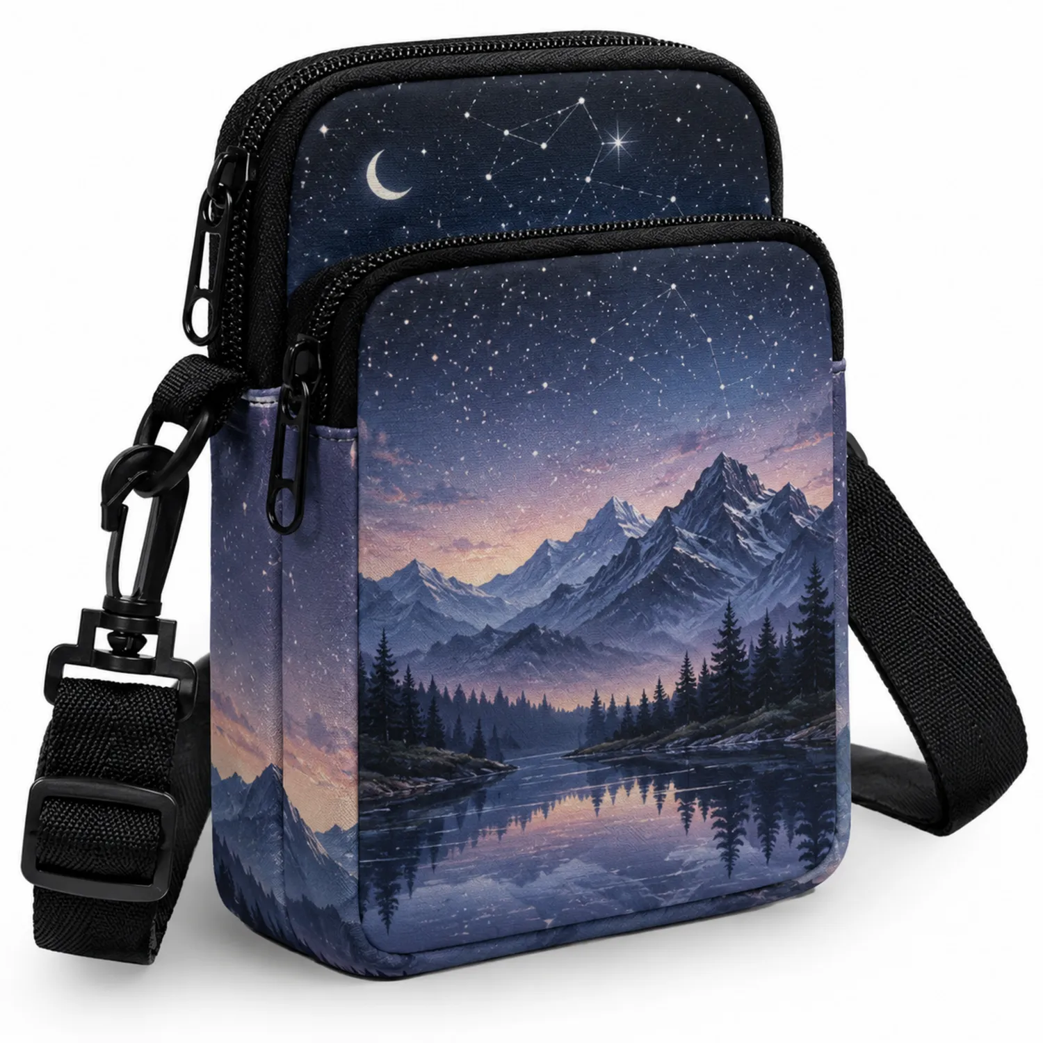 Handytasche mit Berg- und Nachthimmelmotiv in Blau/Violett