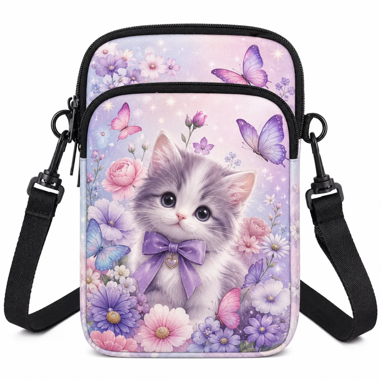 Kleine Schultertasche mit Katzenmotiv und Schmetterlingen, Verstellbarer Gurt, Mehrfarbig