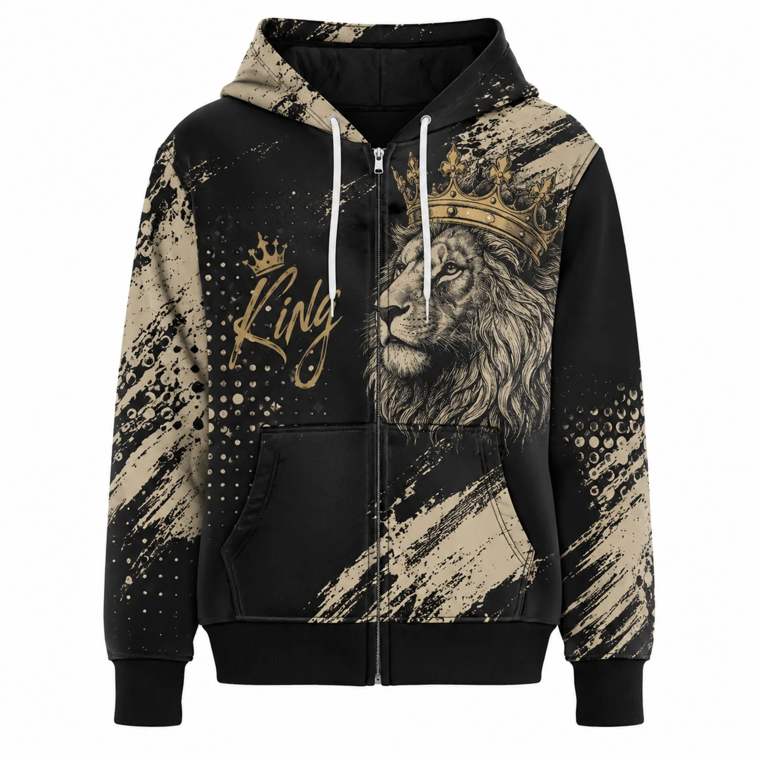 Herren Kapuzenjacke mit Löwenmotiv Schwarz/Beige