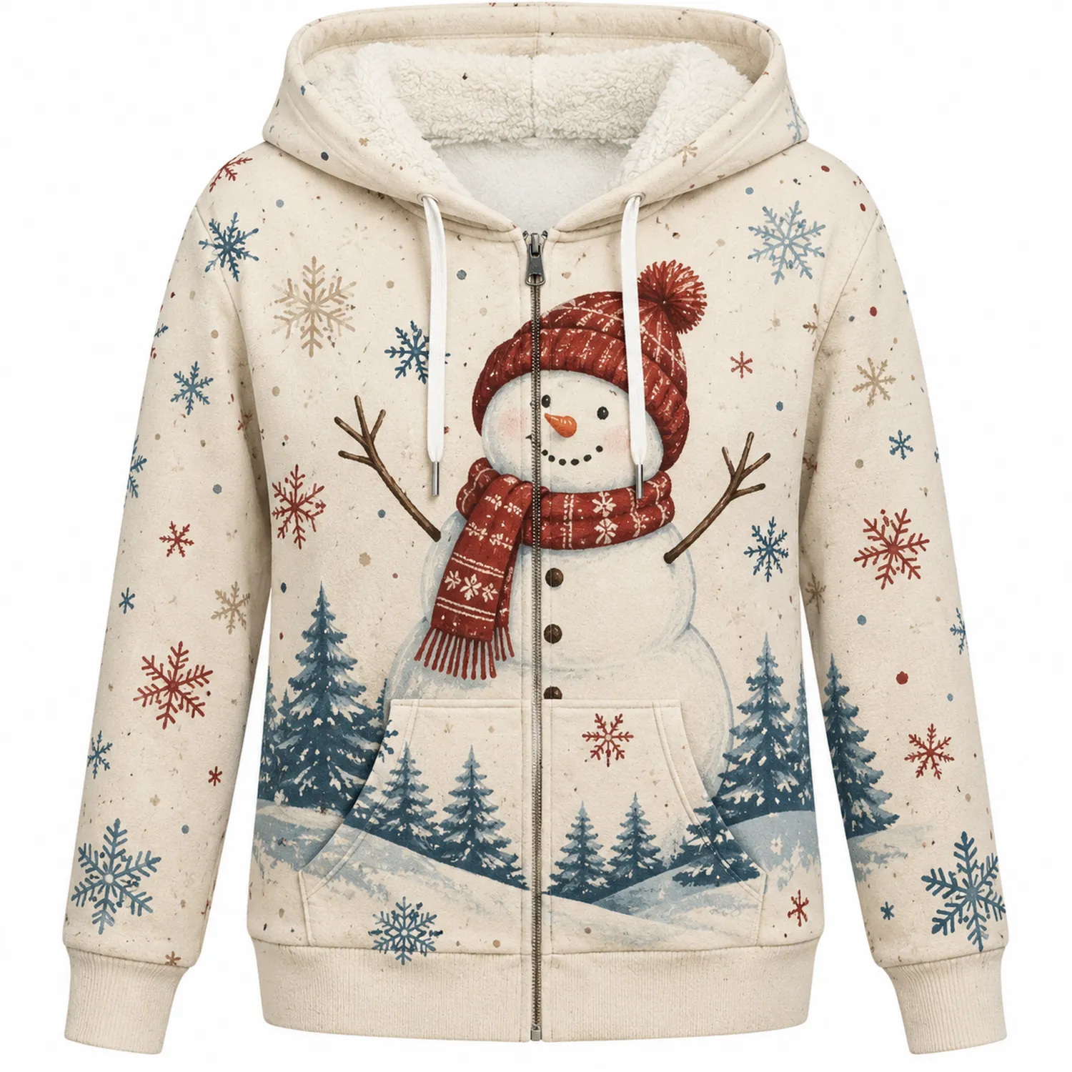 Beiger Kapuzenpullover mit Schneemann-Motiv und Fleecefutter