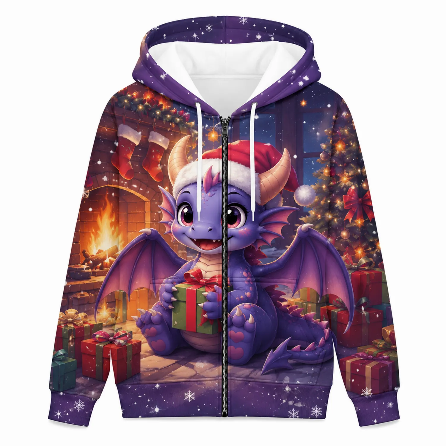 Lila Kapuzenpullover mit Drachenmotiv und Weihnachtsdesign