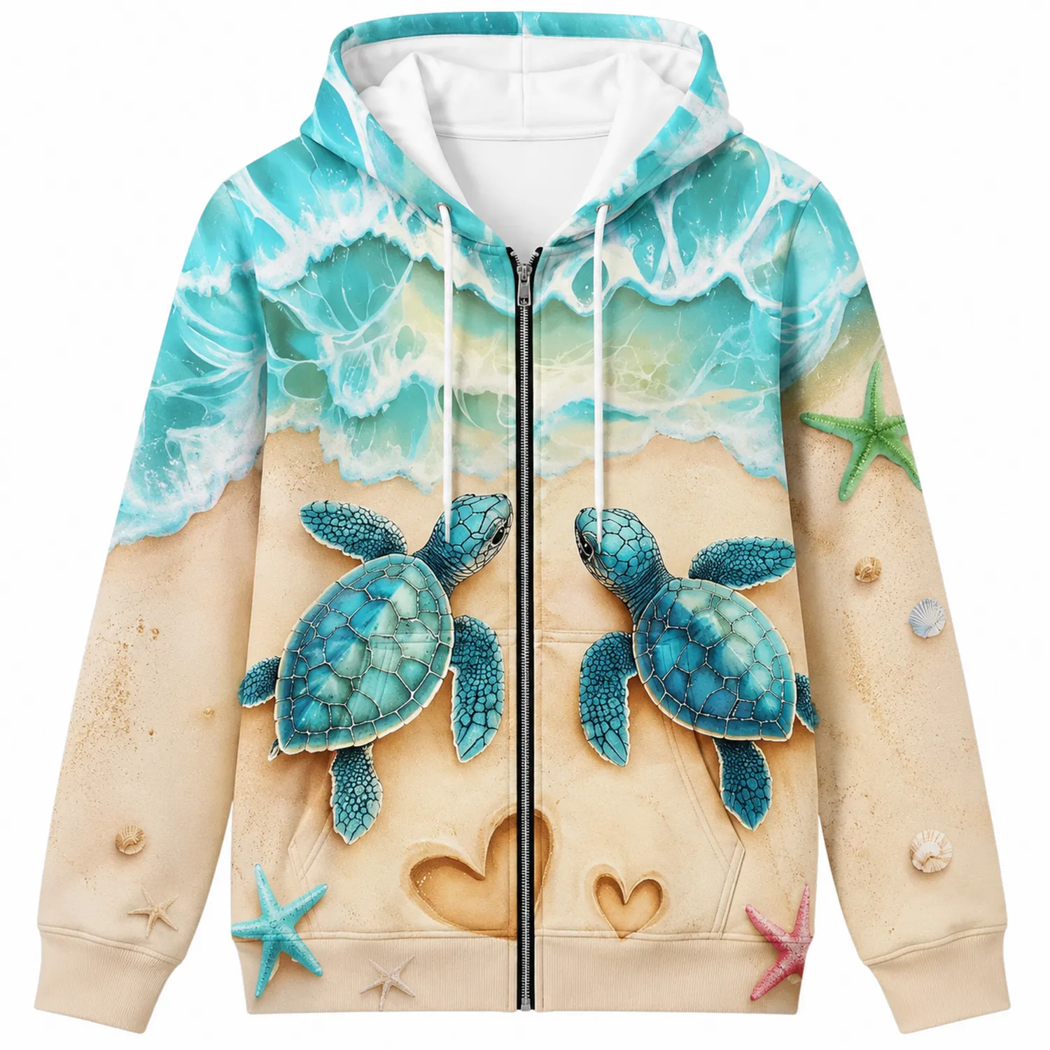 3D-Druck Kapuzenpullover mit Schildkröten- und Strandmotiv in Türkis/Beige