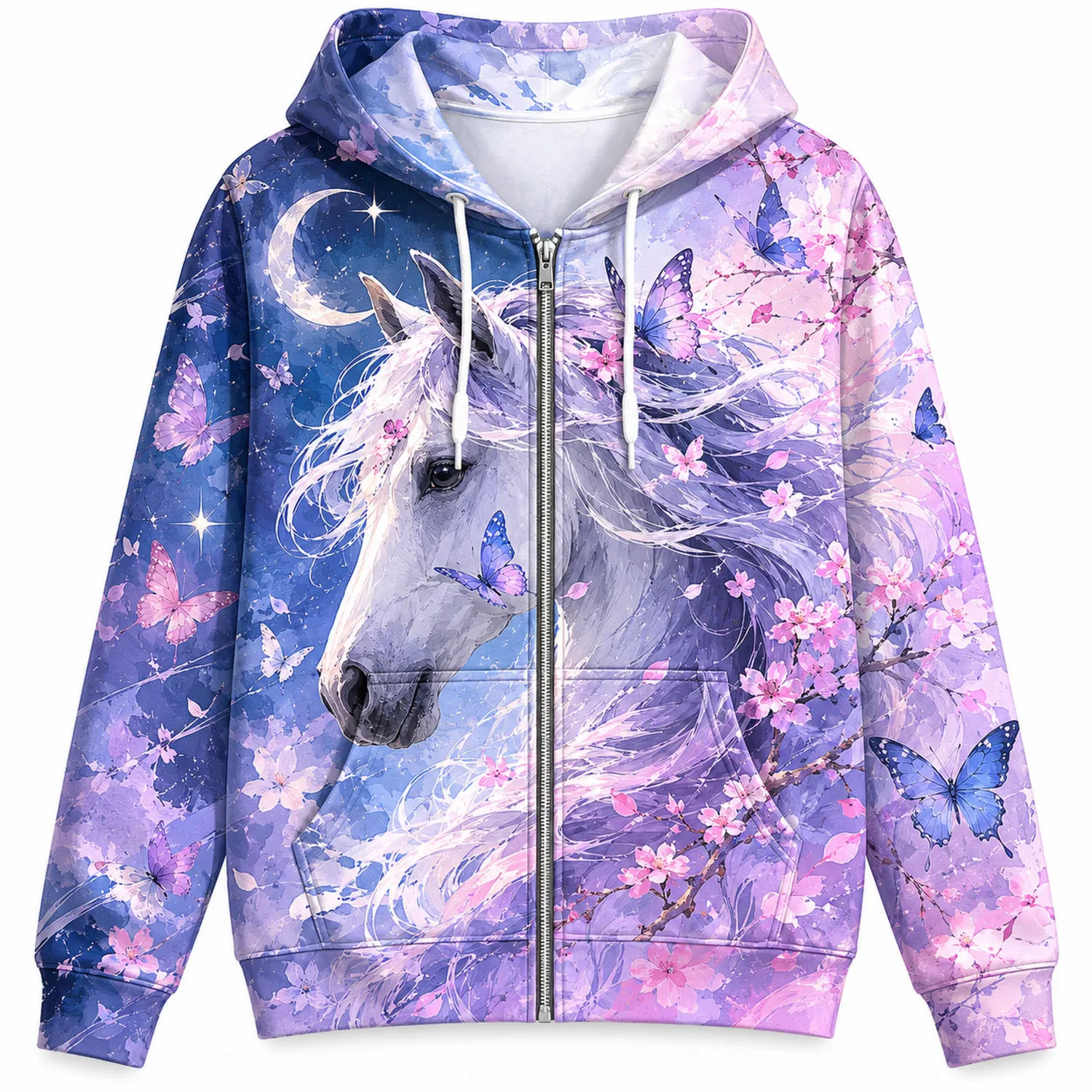 Unisex Hoodie mit Einhorn- und Schmetterlingsdruck, Langarm, Lila