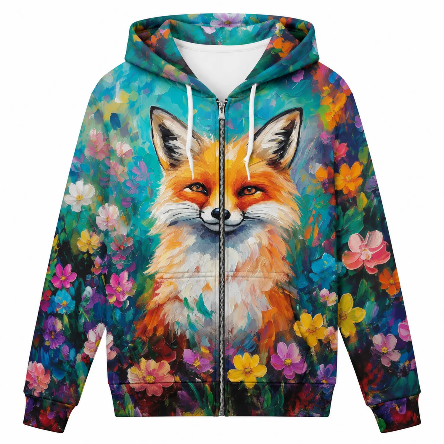 Buntes Kapuzensweatshirt mit Fuchs- und Blumenmotiv und Reißverschluss