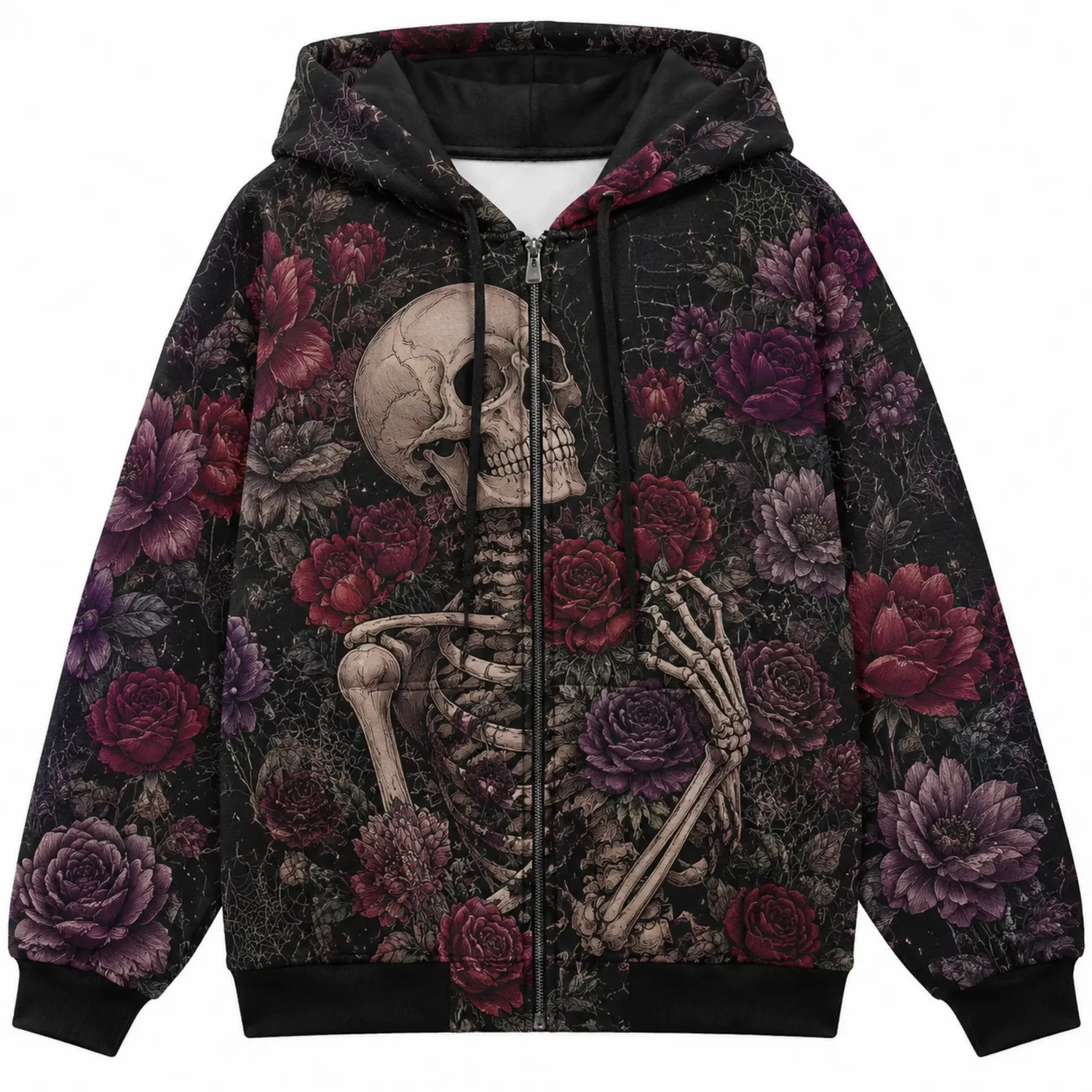 Hoodie mit Skelett- und Rosenmuster, Reißverschluss, Schwarz/Rot/Lila