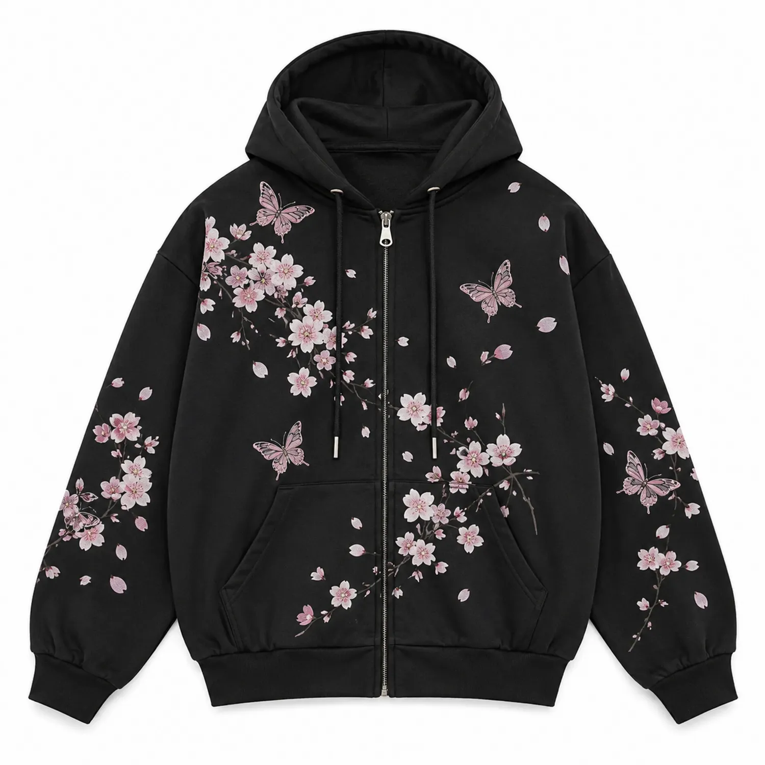 Schwarzes Kapuzensweatshirt mit Kirschblüten- und Schmetterlingsmuster