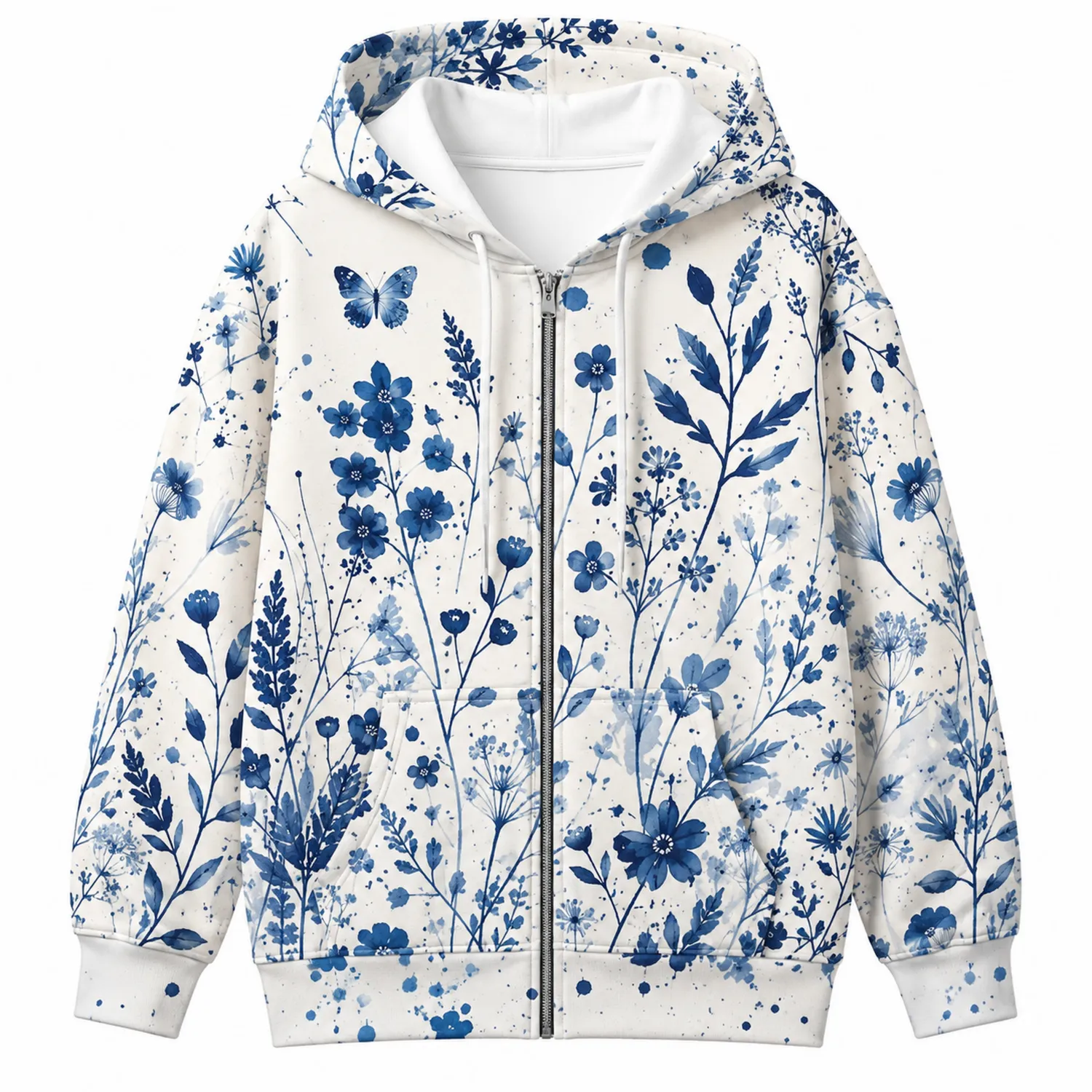 Damen Kapuzenjacke mit Blumenmuster in Blau und Weiß