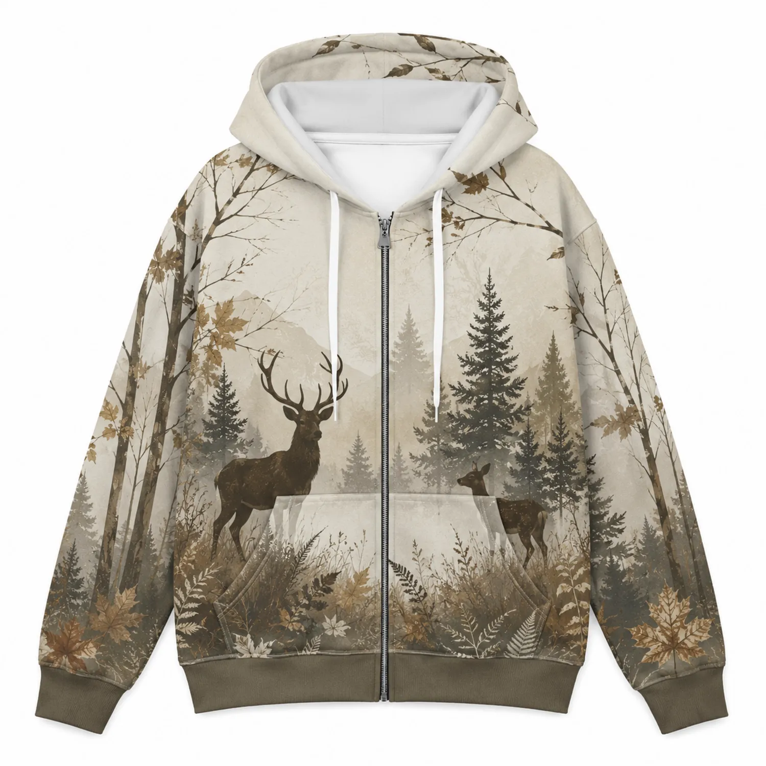 Unisex Hoodie Beige mit Wald- und Hirschdruck, Reißverschluss