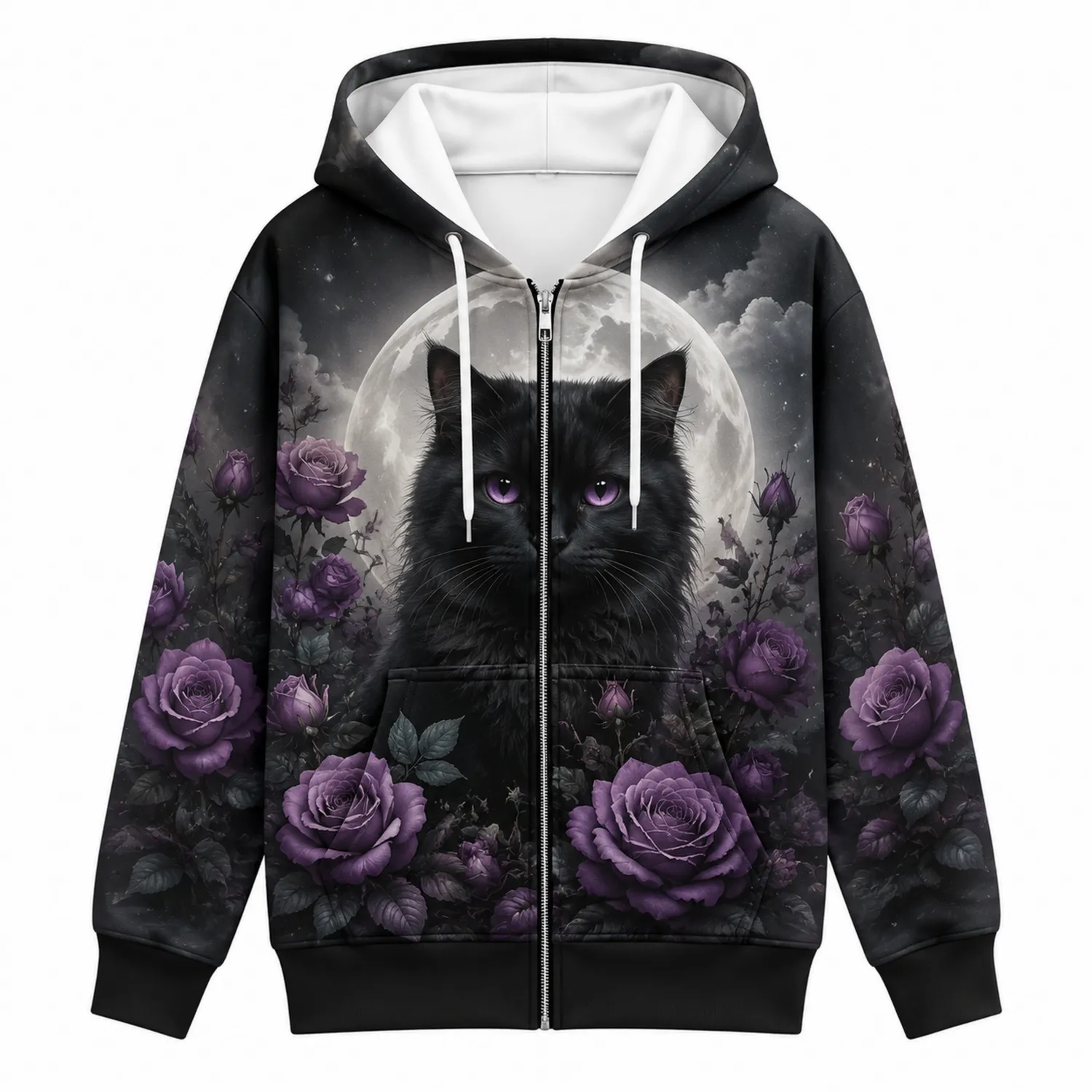 Schwarzes Kapuzensweatshirt mit Reißverschluss, Katze und lila Rosen