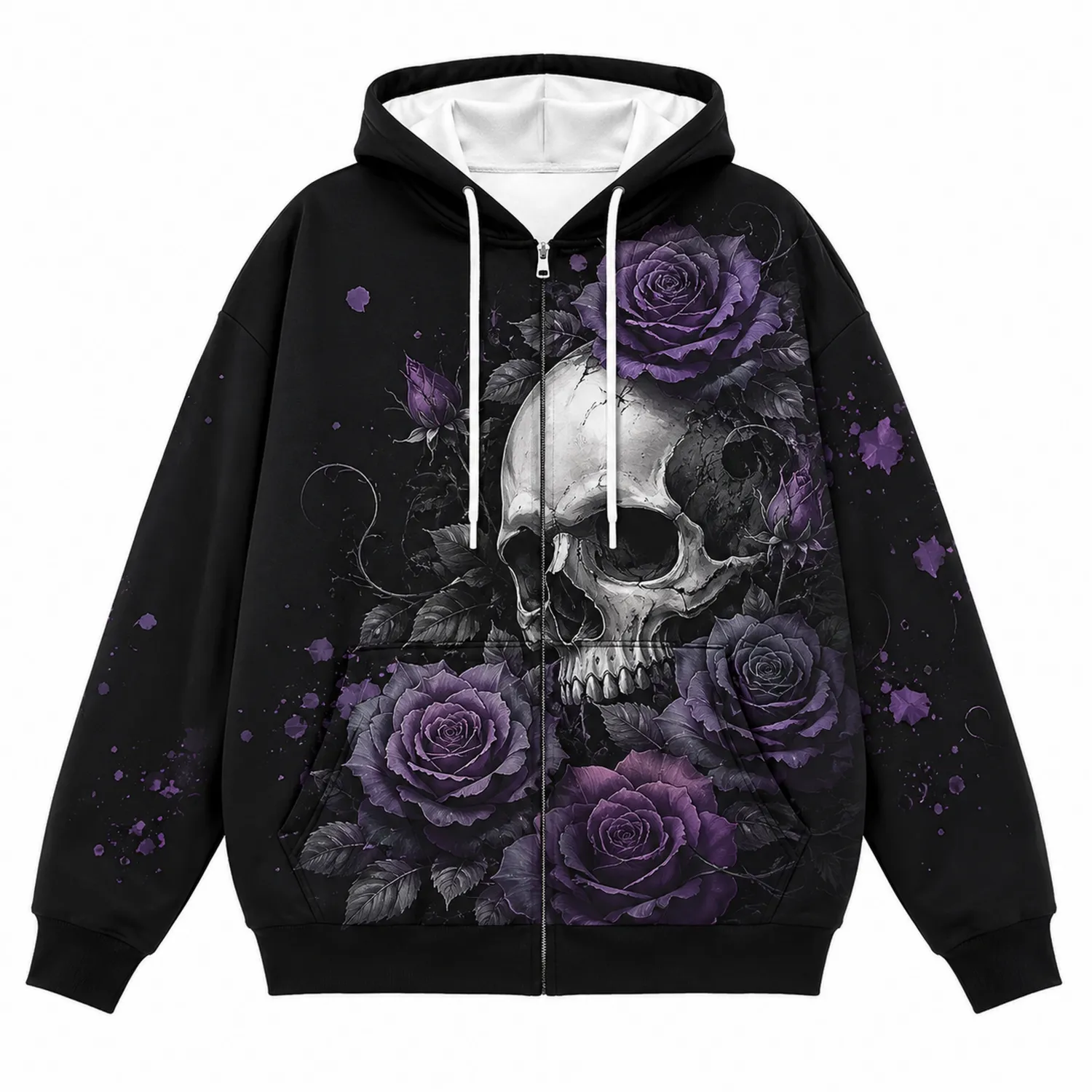 Schwarzer Kapuzenpullover mit Totenkopf- und violettem Rosenmotiv