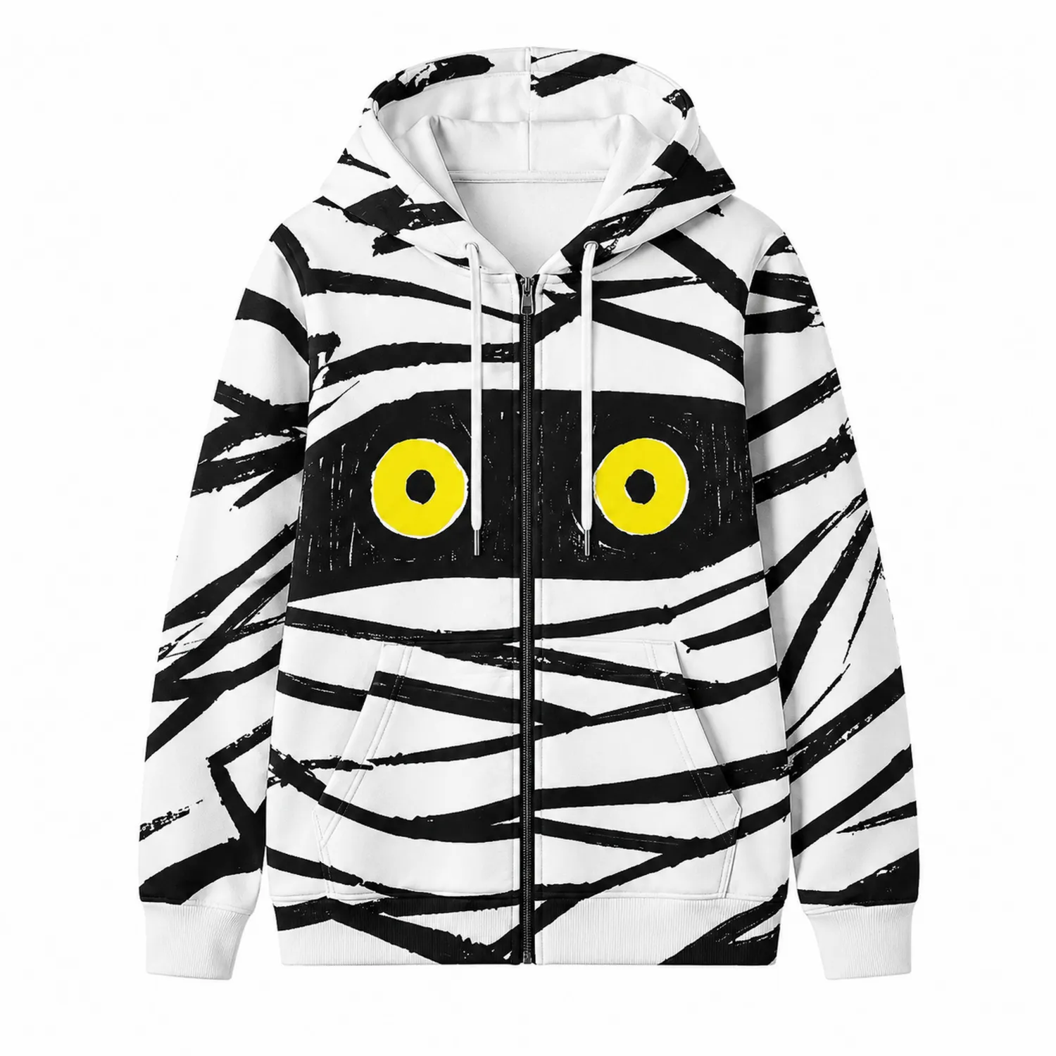 Hoodie mit Reißverschluss und Augenmotiv in Weiß/Schwarz
