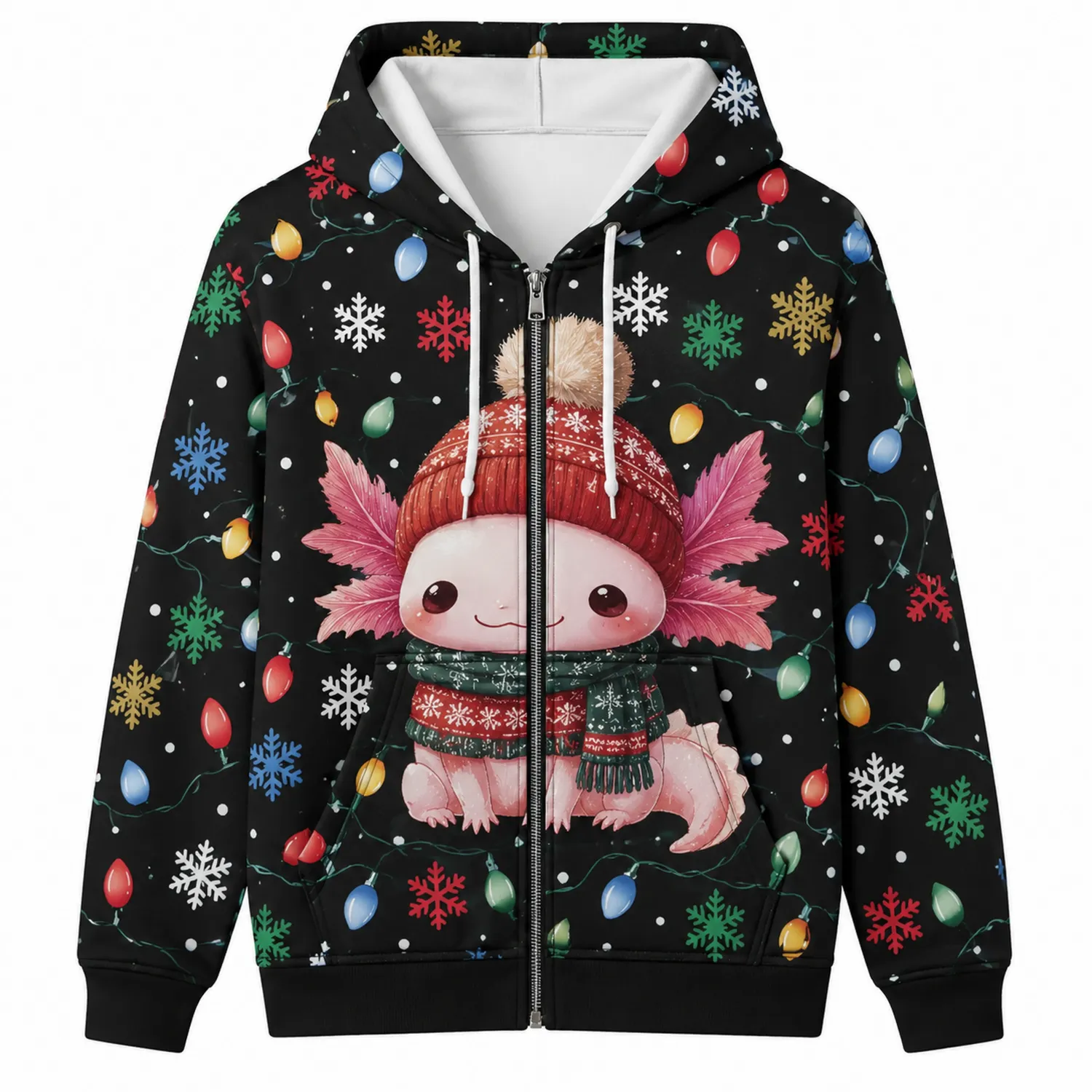 Unisex Kapuzenpullover mit Axolotl-Motiv und Lichterketten auf Schwarz
