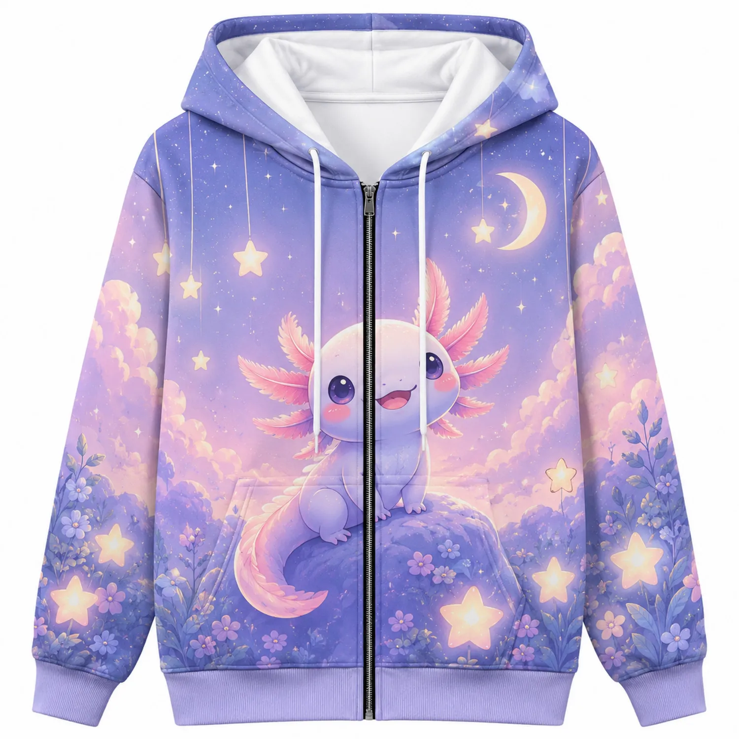 Lila Kapuzenjacke mit Axolotl-Motiv
