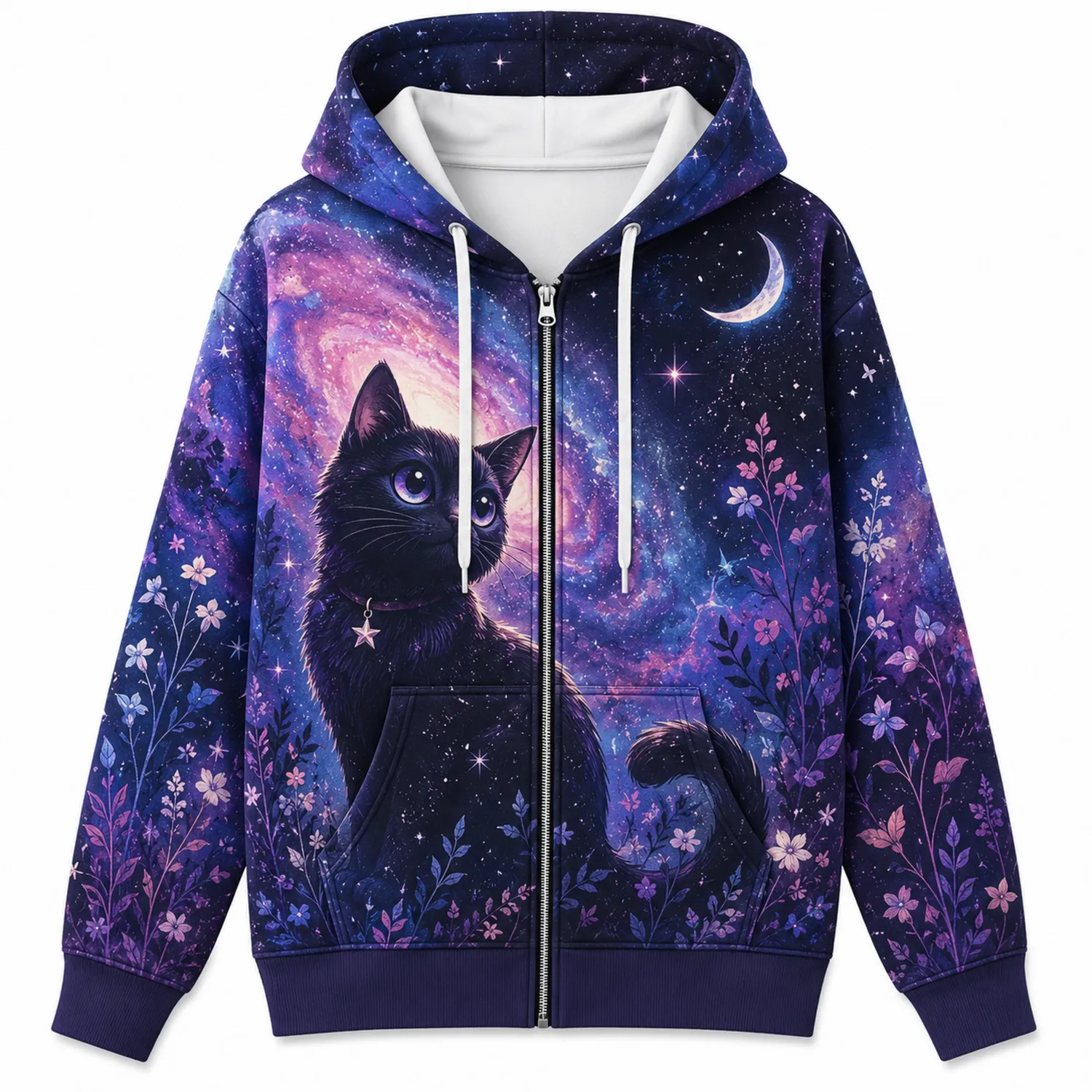 Damen Kapuzenpullover Katzengalaxie Langarm Lila