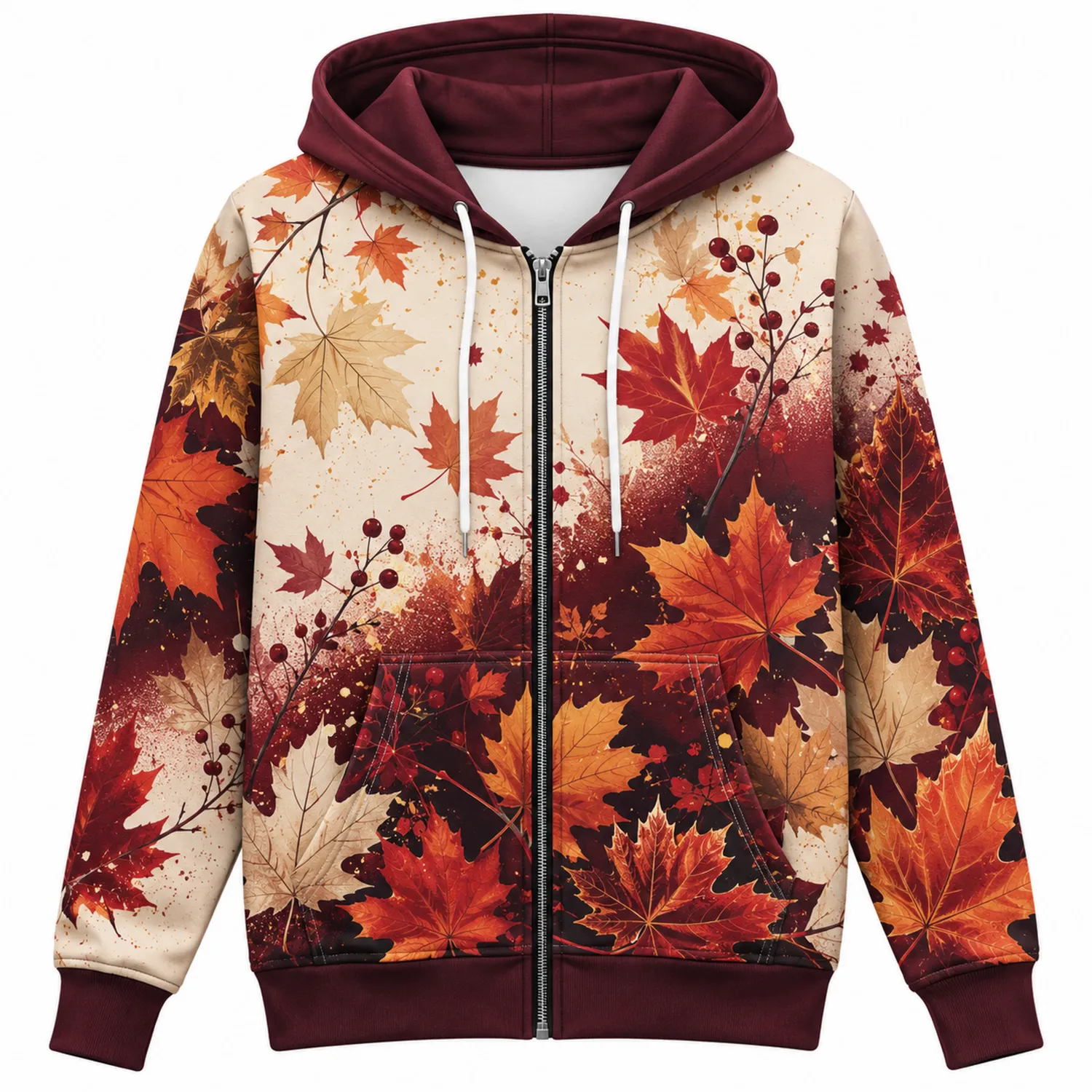 Herren-Kapuzenpullover mit Reißverschluss und Herbstlichem Ahornblatt-Motiv