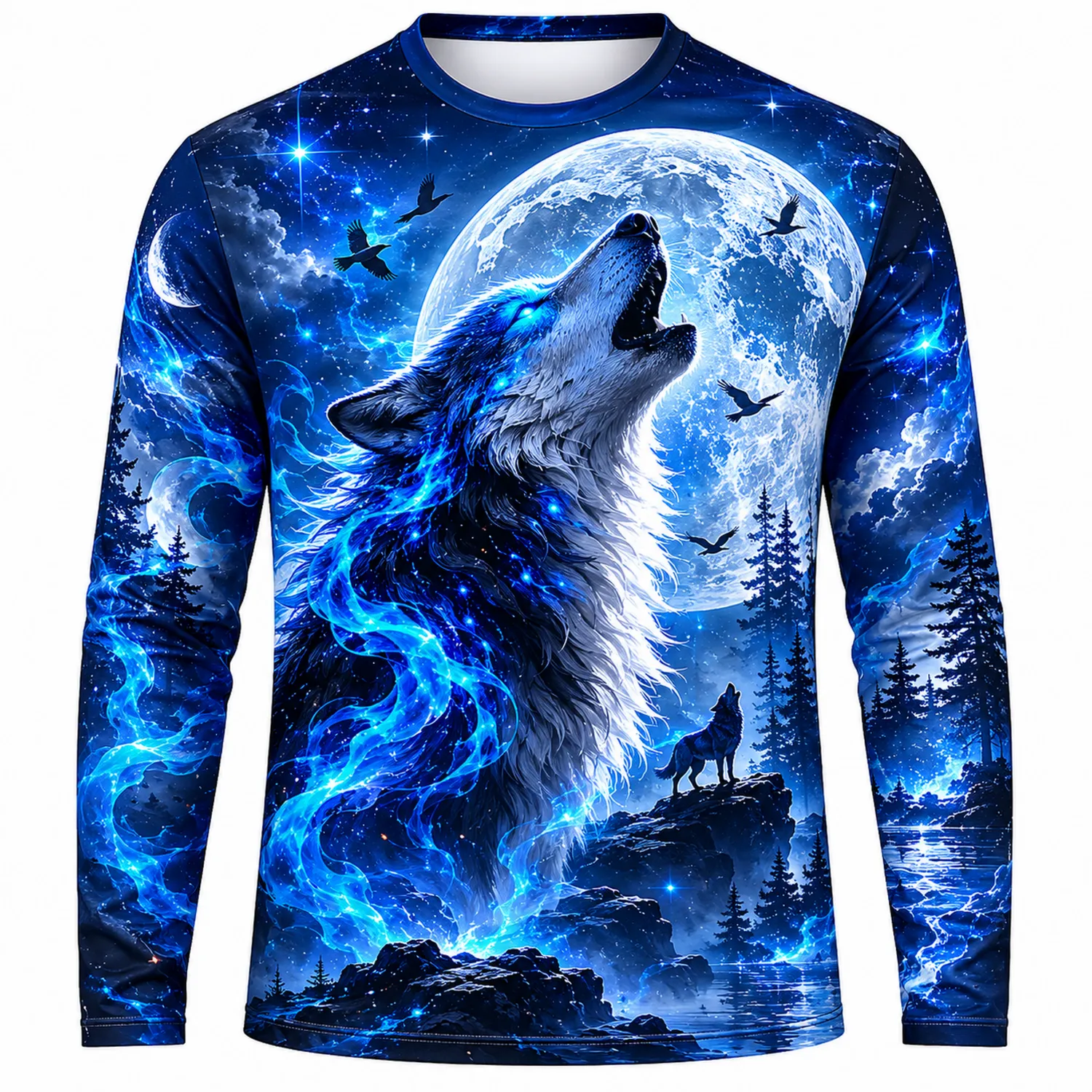 Herren Langarmshirt mit Wolf- und Monddruck in Blau