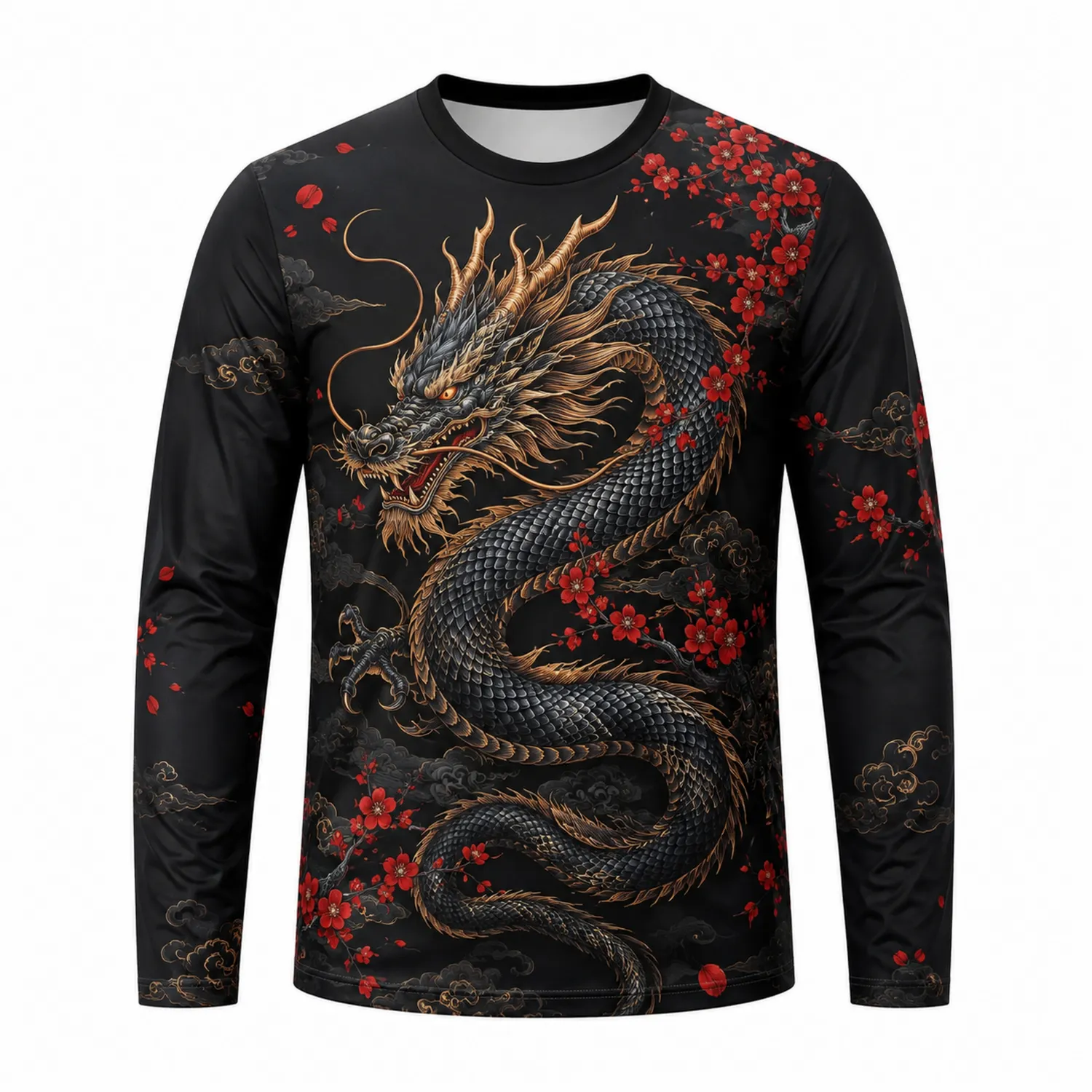 Langarmshirt mit Drachen- und Blumenmuster in Schwarz und Rot