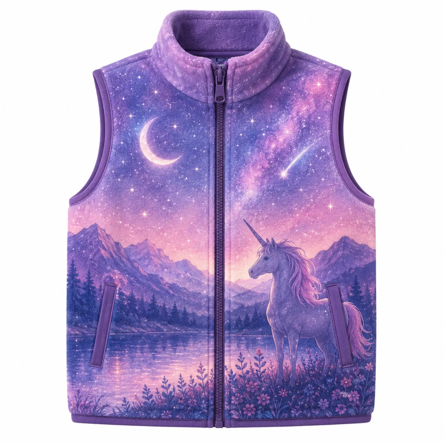 Mädchen Fleece Weste mit Einhorn und Sternenhimmel Motiv in Lila