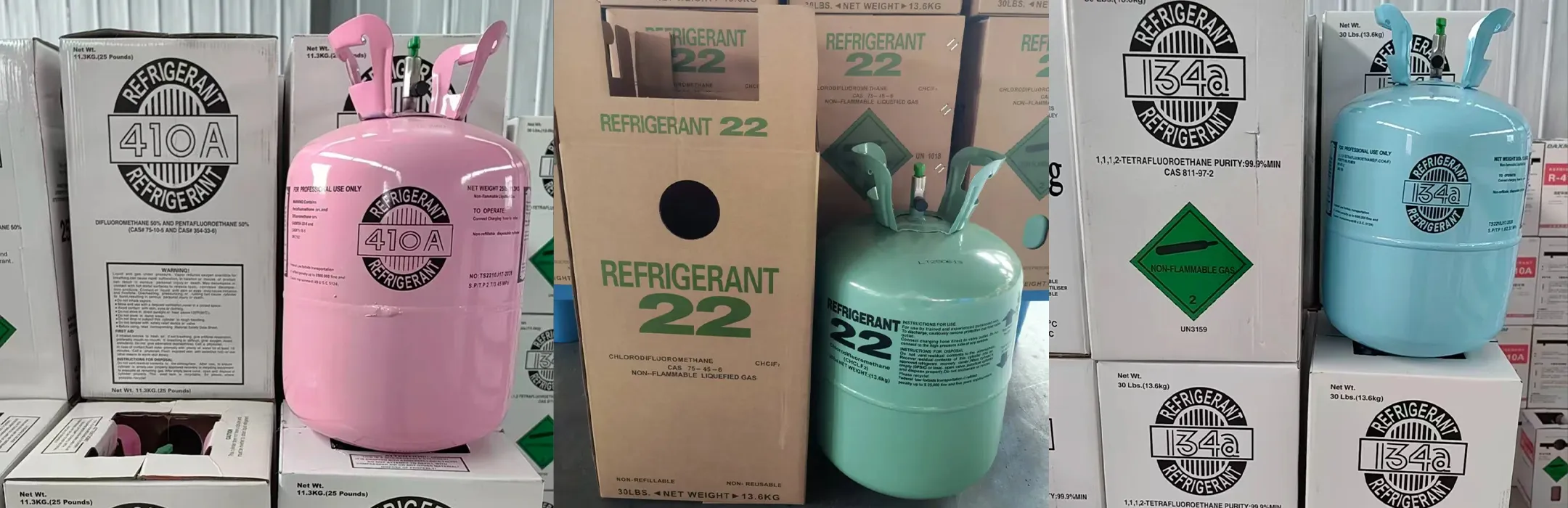 FreonShop homepage banner showing R22, R410A, and R134a refrigerant cylinders and boxes in stock for HVAC refrigerant supply.  