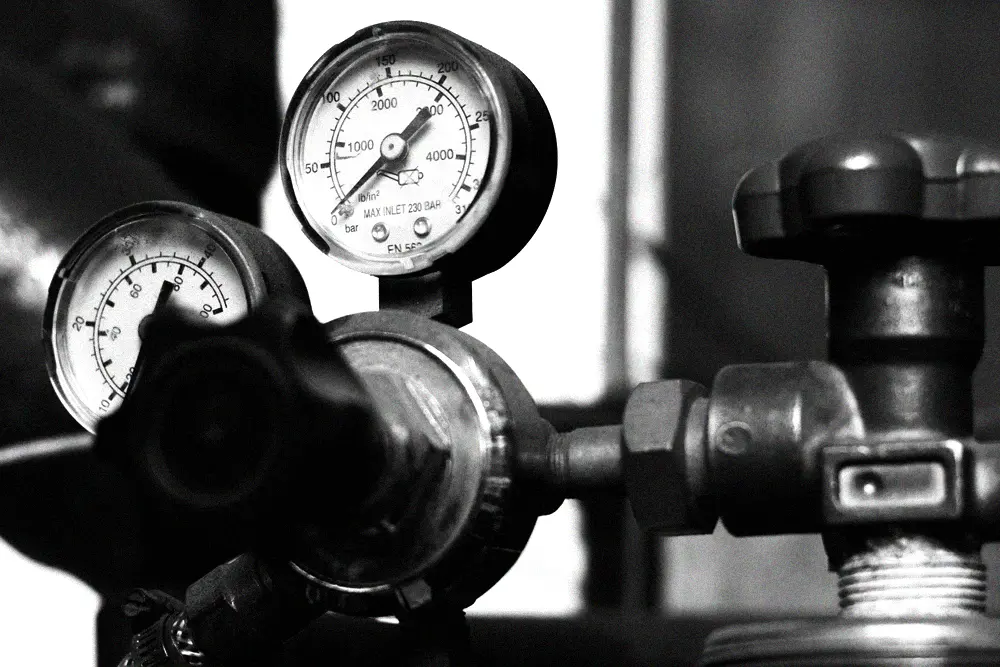 Pressure gauges and valves used in professional HVAC diagnostic work