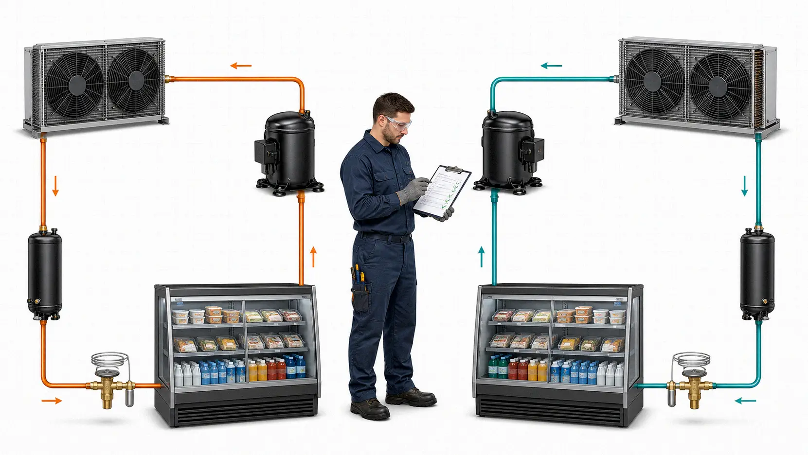 Technician comparing legacy and retrofitted commercial refrigeration circuits