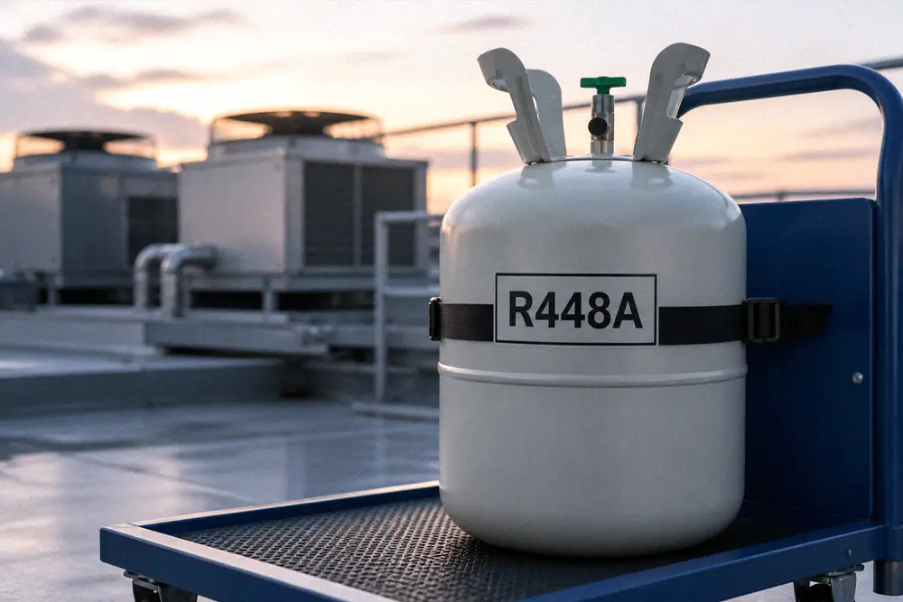 R448A refrigerant cylinder secured on a service trolley beside commercial rooftop refrigeration equipment