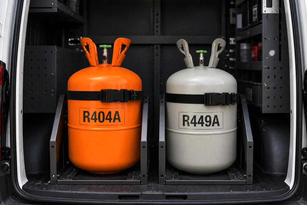 Orange R404A and gray R449A refrigerant cylinders secured inside a refrigeration service van