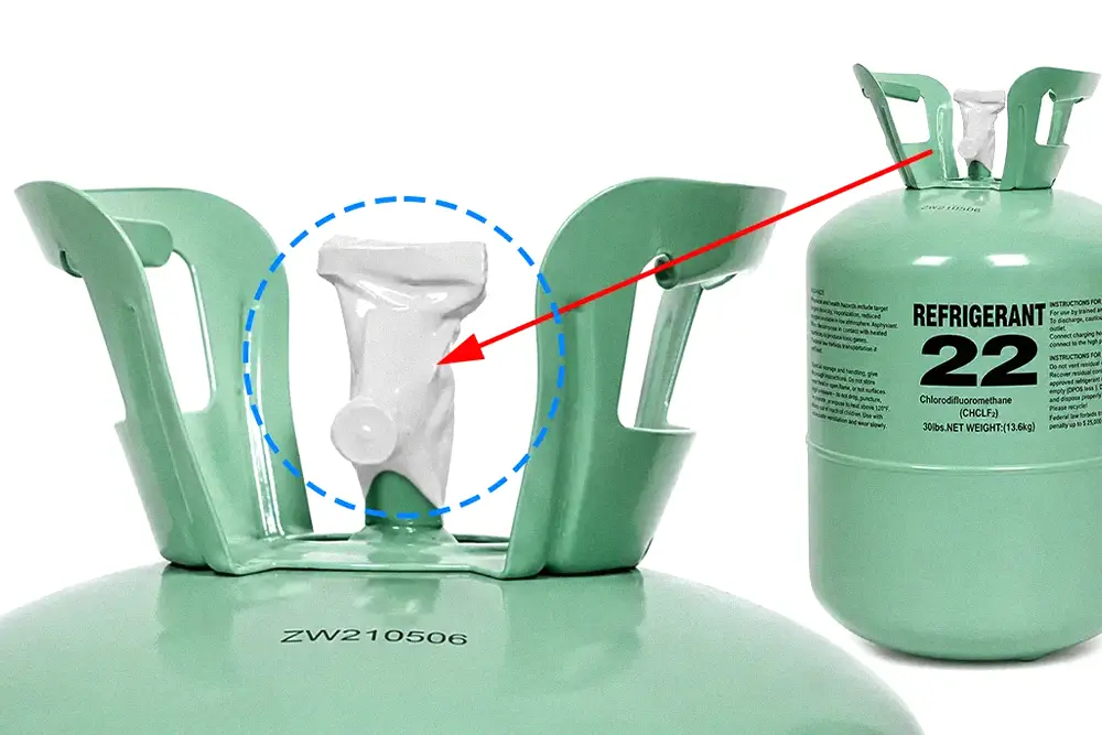 Green R22 refrigerant cylinder with a close-up of the white valve sleeve highlighted by a blue circle and red arrow.