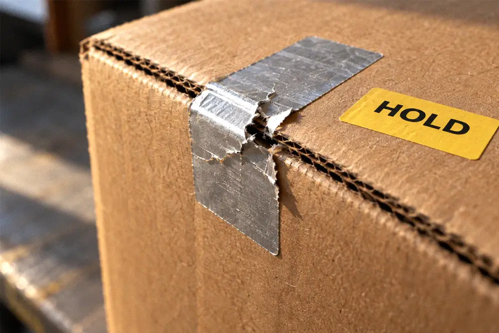 Torn silver security strip across a cardboard carton seam beside a yellow hold label.