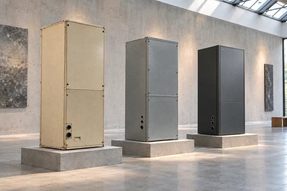Three indoor air-handler cabinets displayed on separate platforms in a bright gallery.