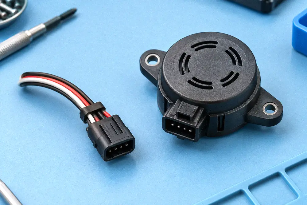 A compact refrigerant sensor and disconnected wiring connector on a blue electronics work mat.