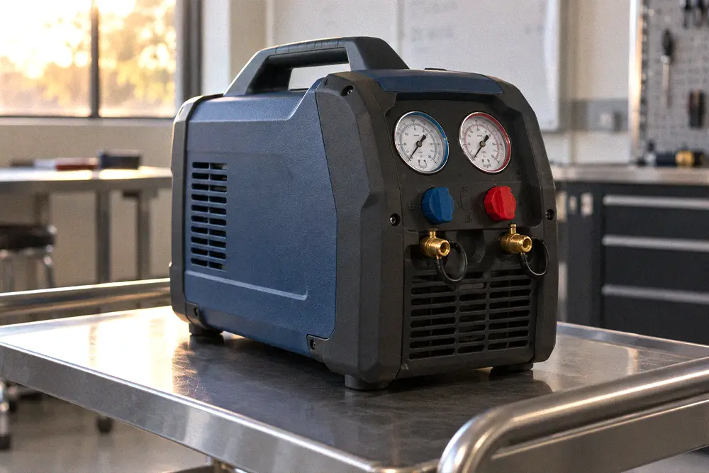 Blue and charcoal refrigerant recovery machine with two gauges resting on a stainless steel service cart.
