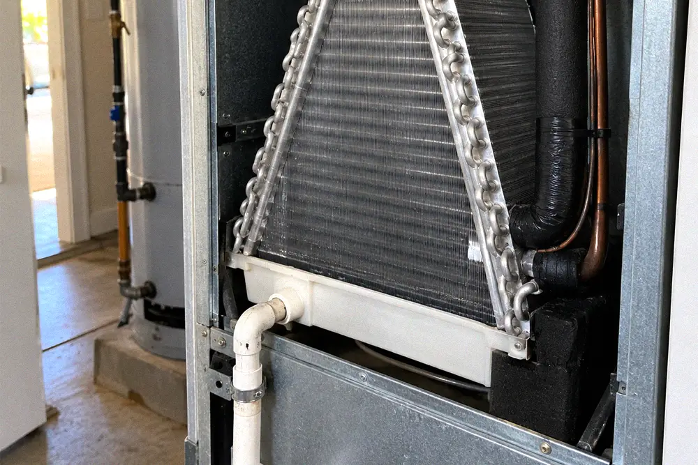 Open residential air handler cabinet showing the A-shaped evaporator coil and copper refrigerant lines above the drain pan