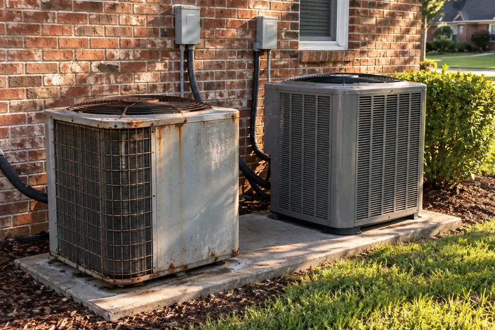 Older weathered air conditioner condensing unit beside a newer unit on a concrete pad next to a brick house