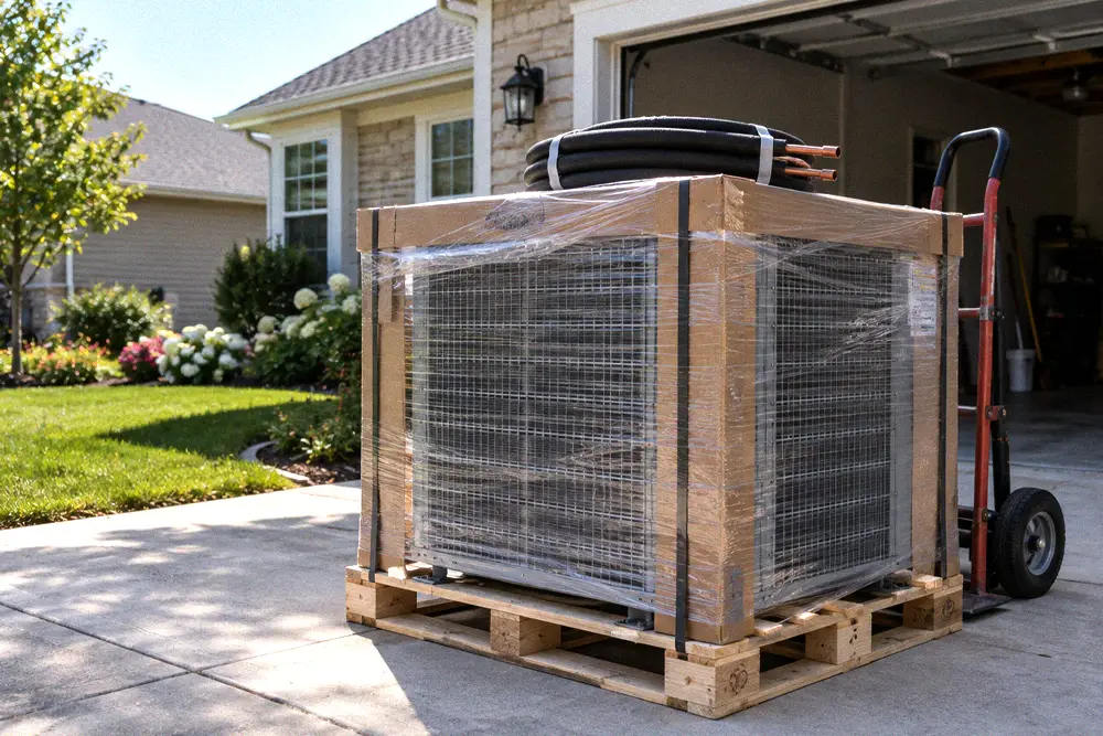 New air conditioner condensing unit still wrapped on a wooden pallet in a residential driveway beside a garage