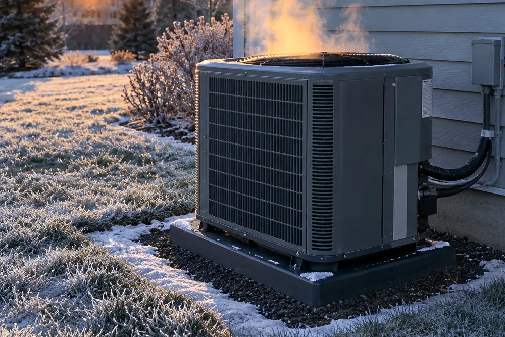 Outdoor heat pump unit releasing steam during a defrost cycle on a frosty winter morning beside a house