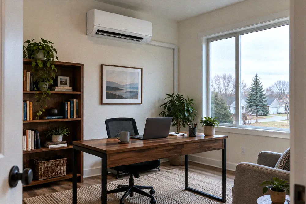 Ductless mini split indoor unit mounted high on a home office wall