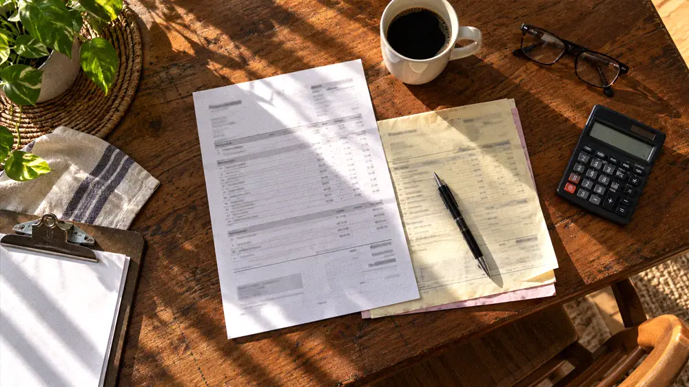 HVAC service invoice on a kitchen table beside a coffee mug and pen