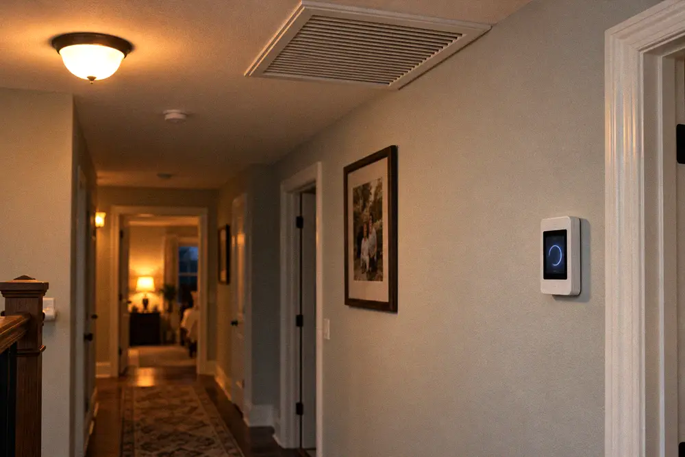 Wall thermostat in a home hallway near a ceiling return air grille