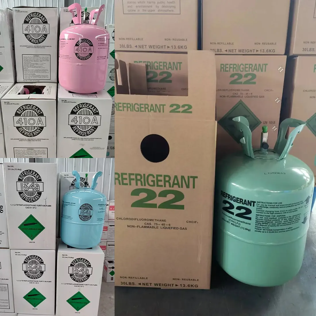 FreonShop homepage banner showing R22, R410A, and R134a refrigerant cylinders and boxes in stock for HVAC refrigerant supply.  