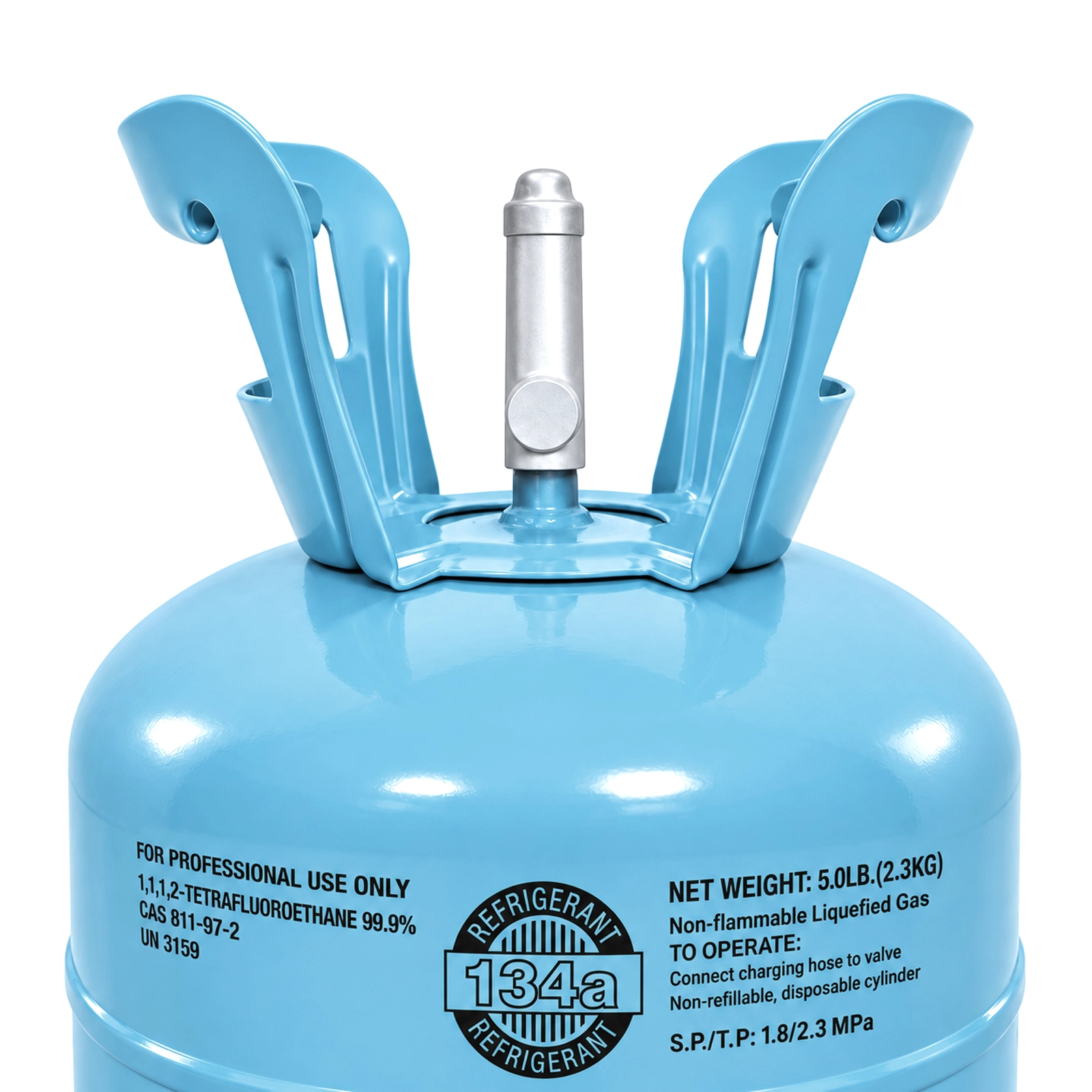 Close-up of R134a refrigerant cylinder label, valve and protective handles