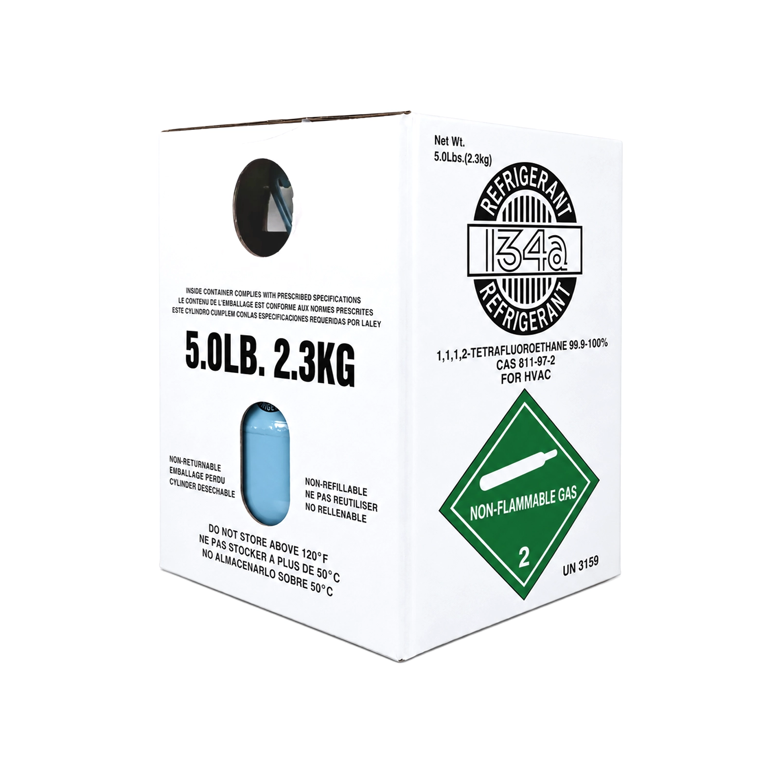 R134a refrigerant packaging box labeled 5 lb