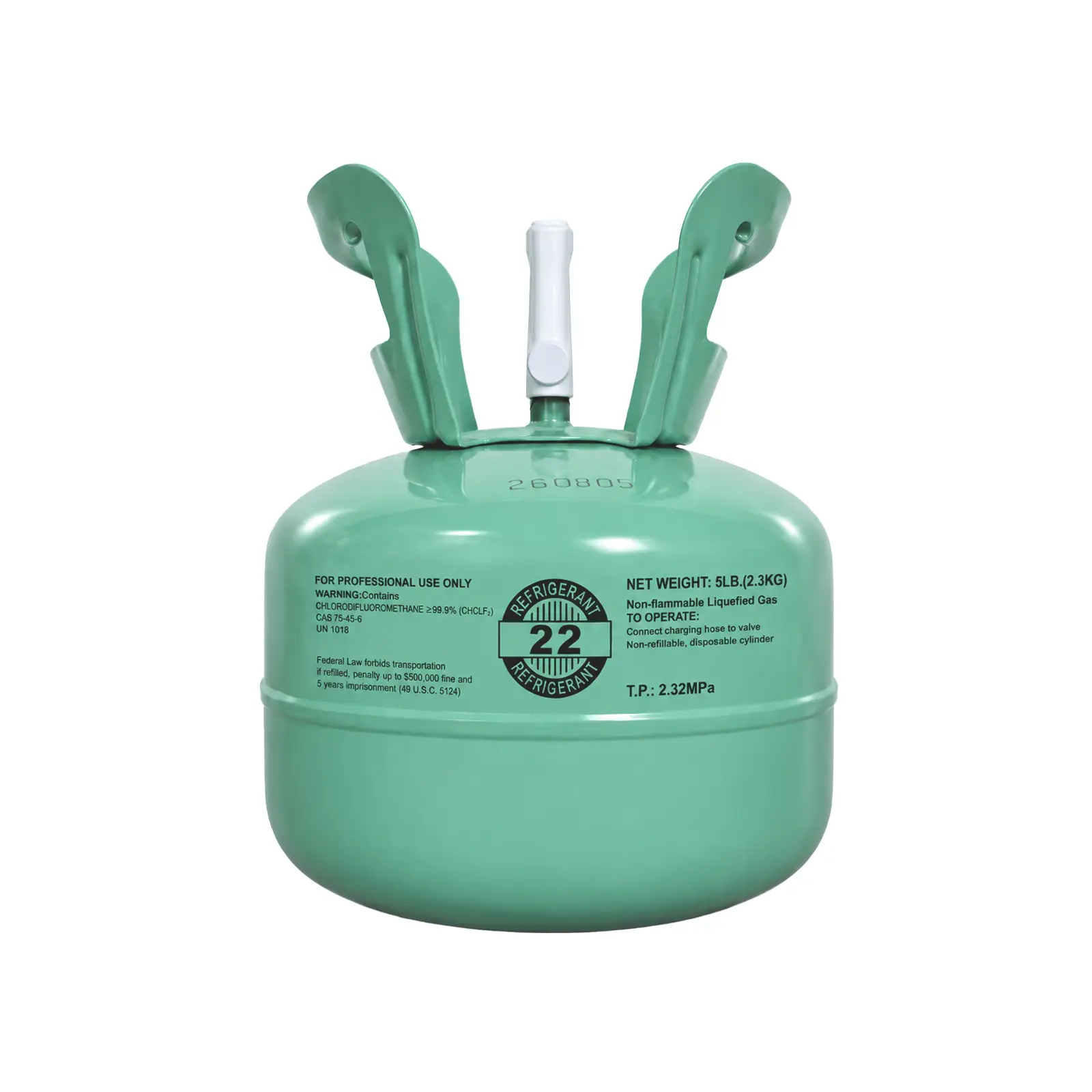 R22 refrigerant 5 lb green cylinder, front view