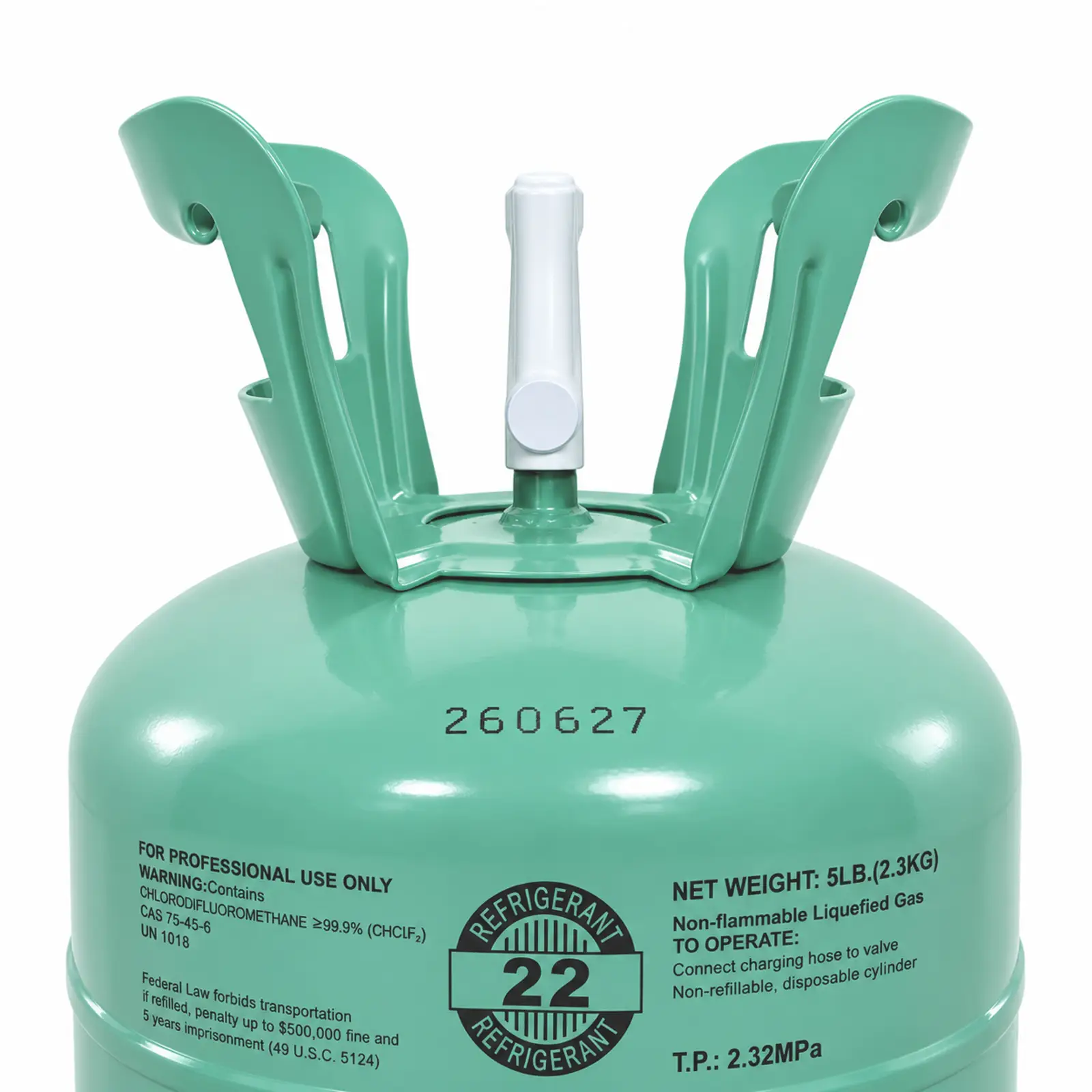 Close-up of R22 refrigerant cylinder label, valve and protective handles